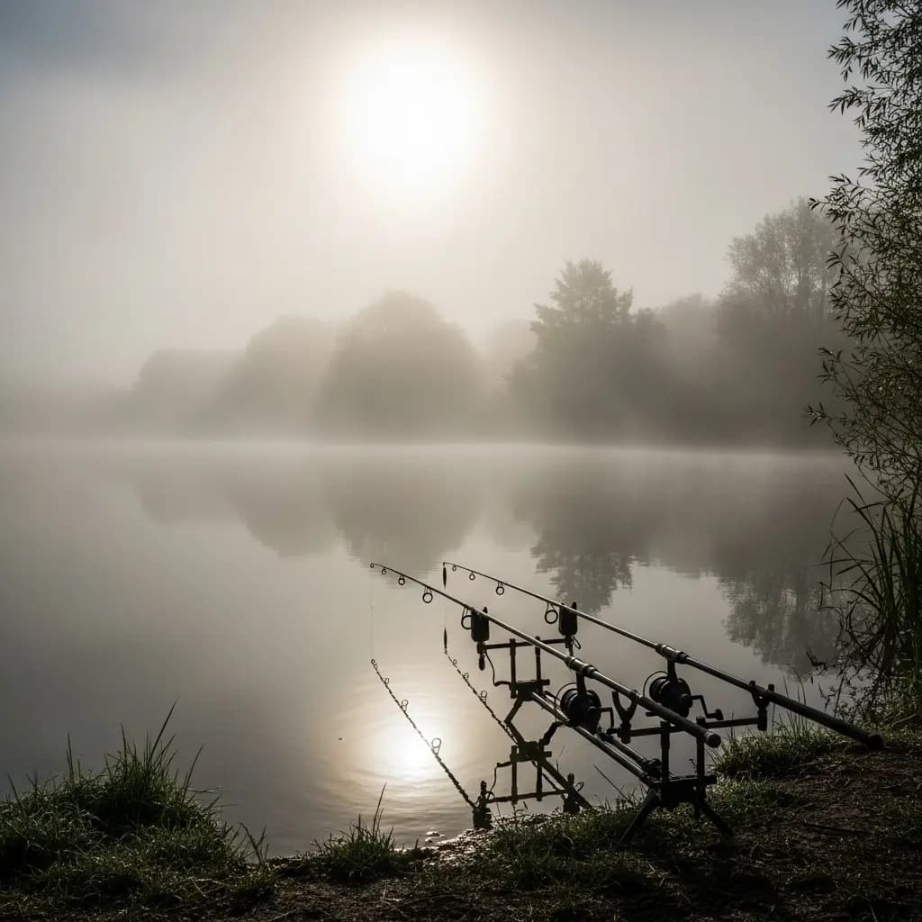 Carp rods at misty lake