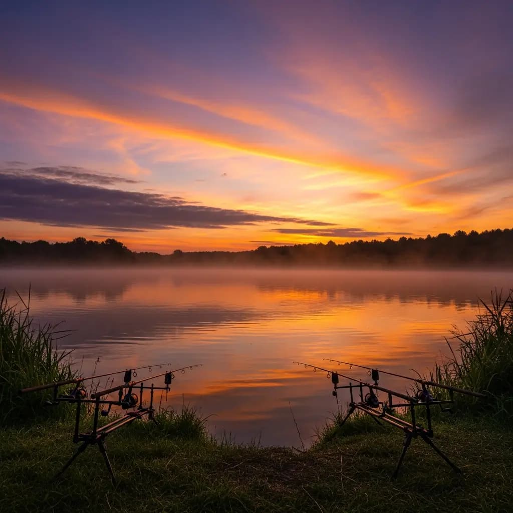 Carp fishing lake sunset